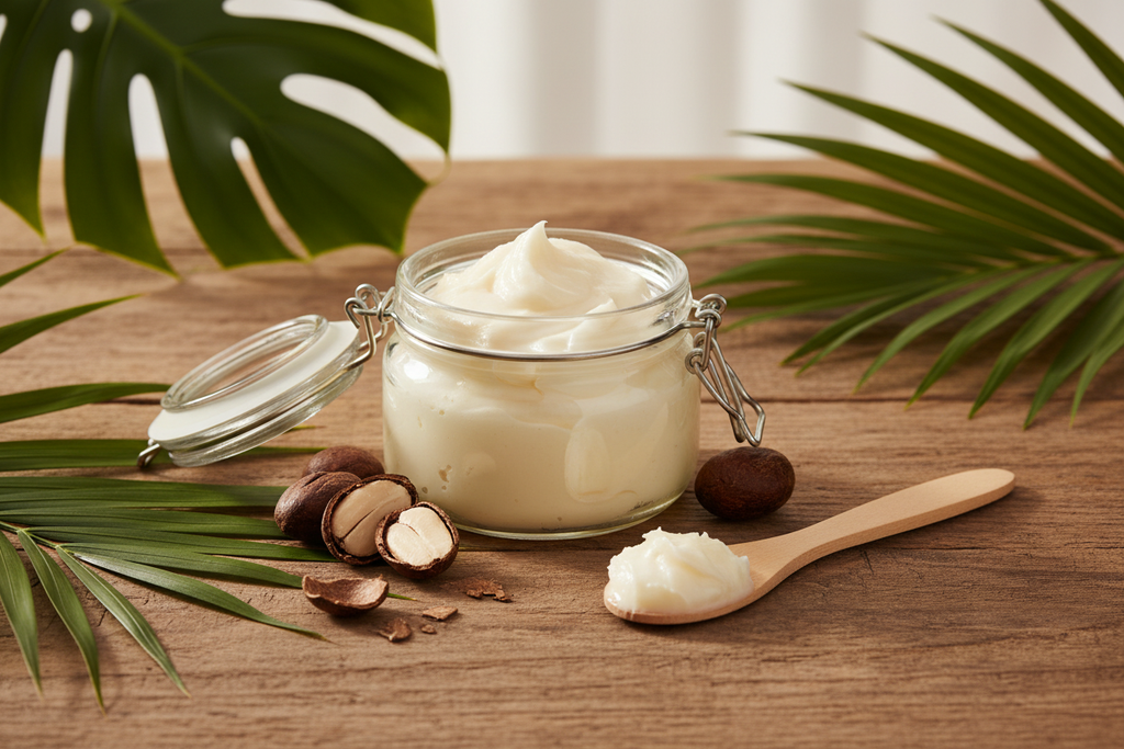 Ghana Shea Butter - Wooden Table with Nuts and Leaves