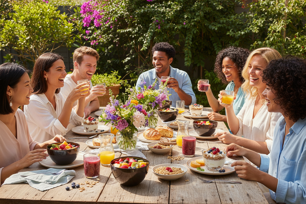 Outdoor brunch gathering with friends using silver stone stoneware bowls filled with fresh fruit and granola