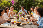 Outdoor brunch gathering with friends using silver stone stoneware bowls filled with fresh fruit and granola