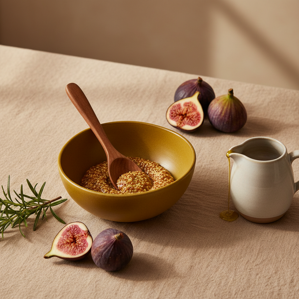 Organic Dijon Stoneware Bowl lifestyle shot styled with figs, wooden spoon and rosemary on linen