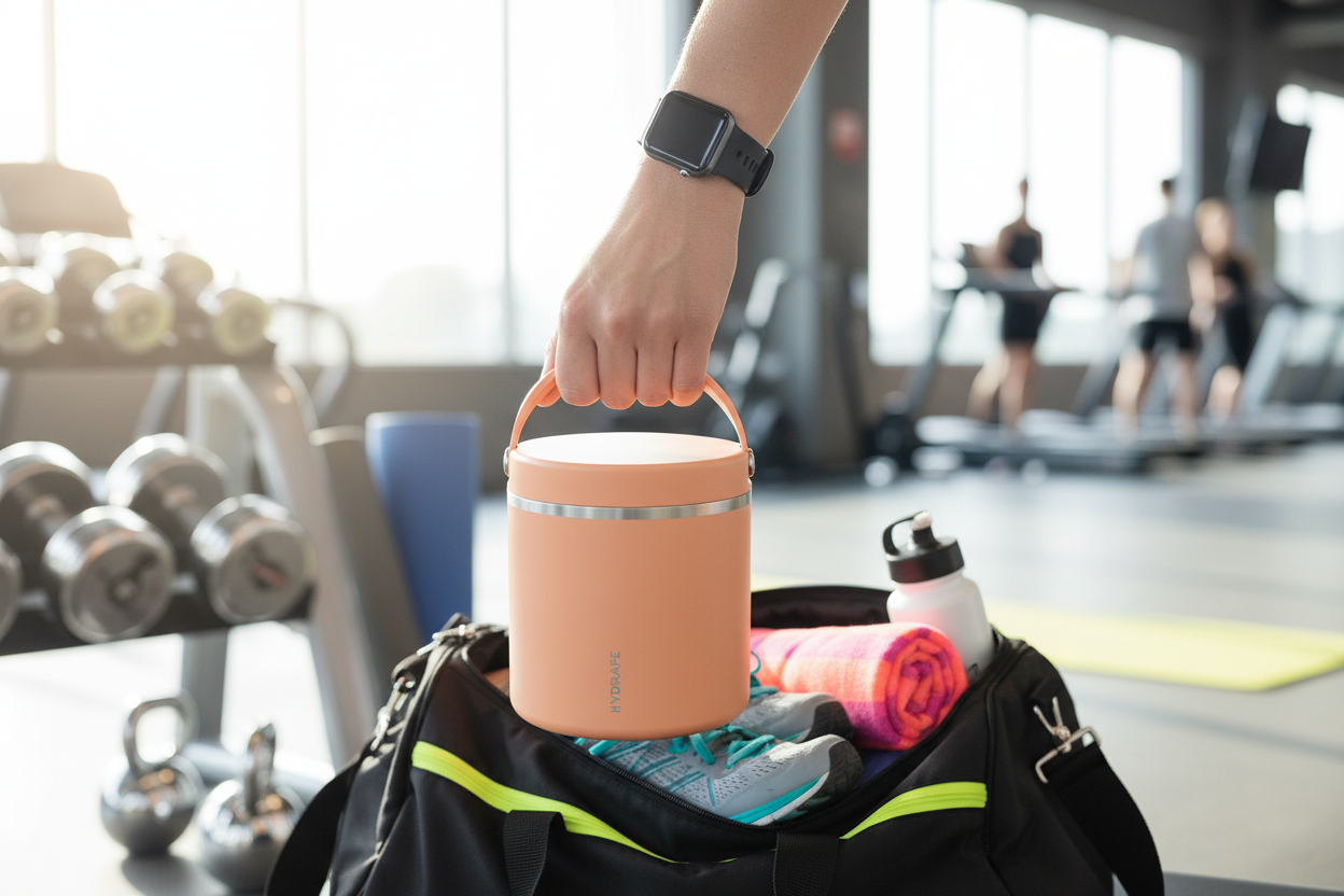 Pink vacuum insulated food jar at gym with workout gear