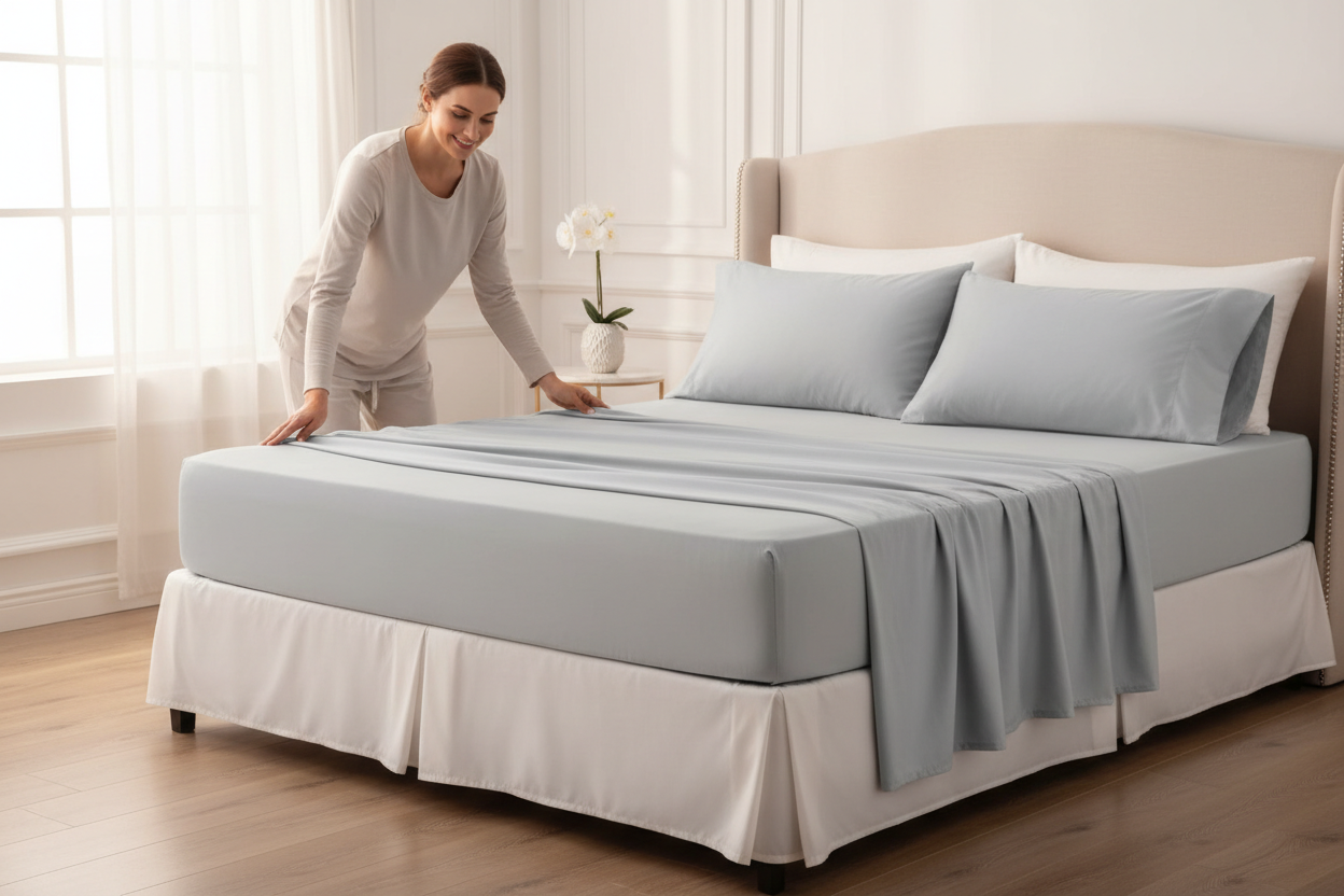 Light Grey King Sheet Set - Woman Making Bed