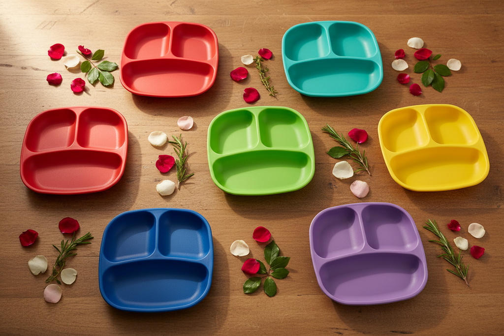 Colorful divided plates displayed on wooden table with rose petals and green leaves