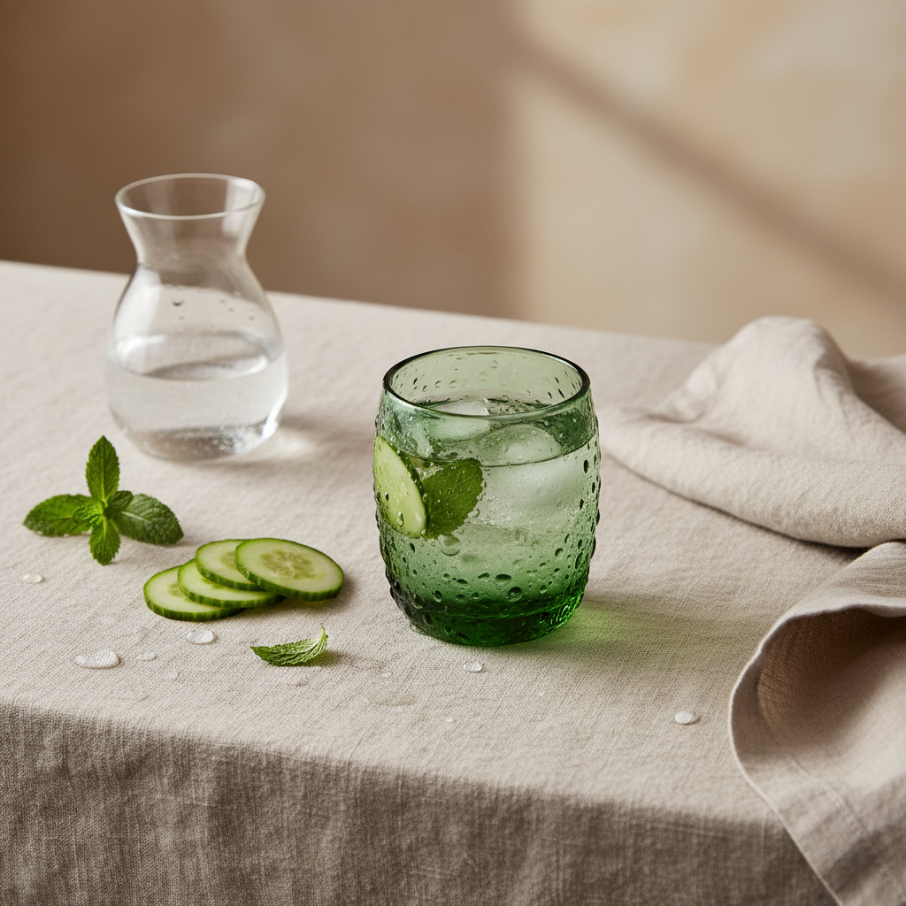 Agave bubbled glass tumbler lifestyle shot styled with mint, cucumber and water carafe on linen