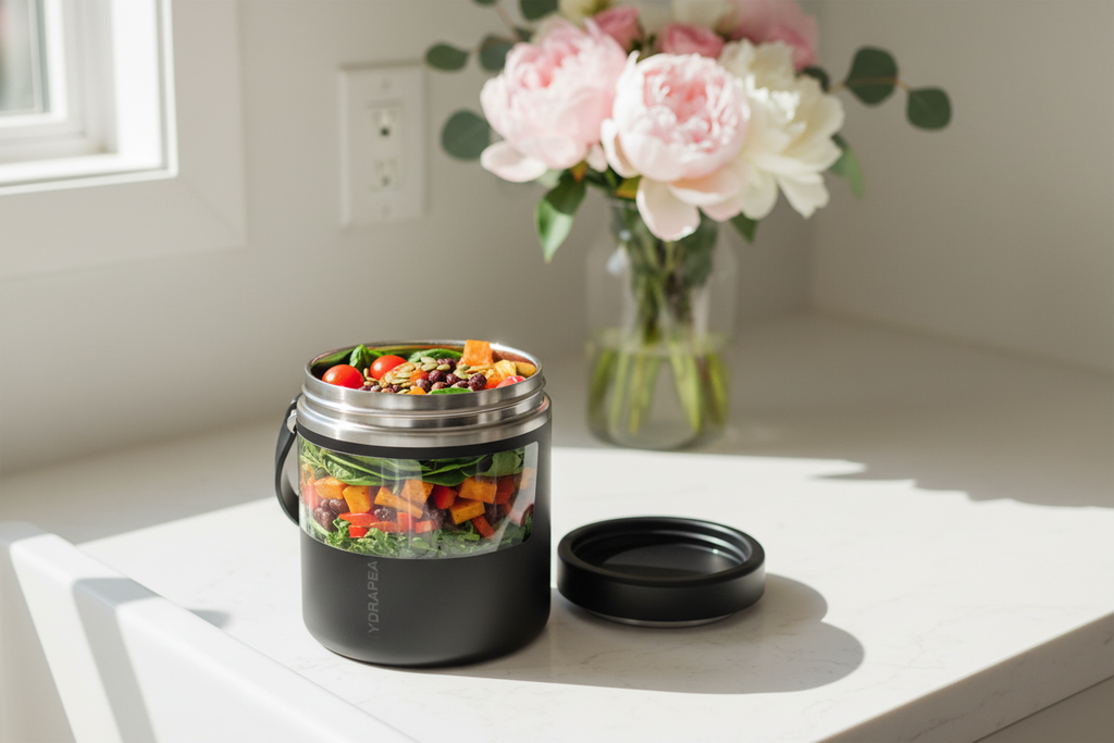 Pink vacuum insulated food jar open on kitchen counter