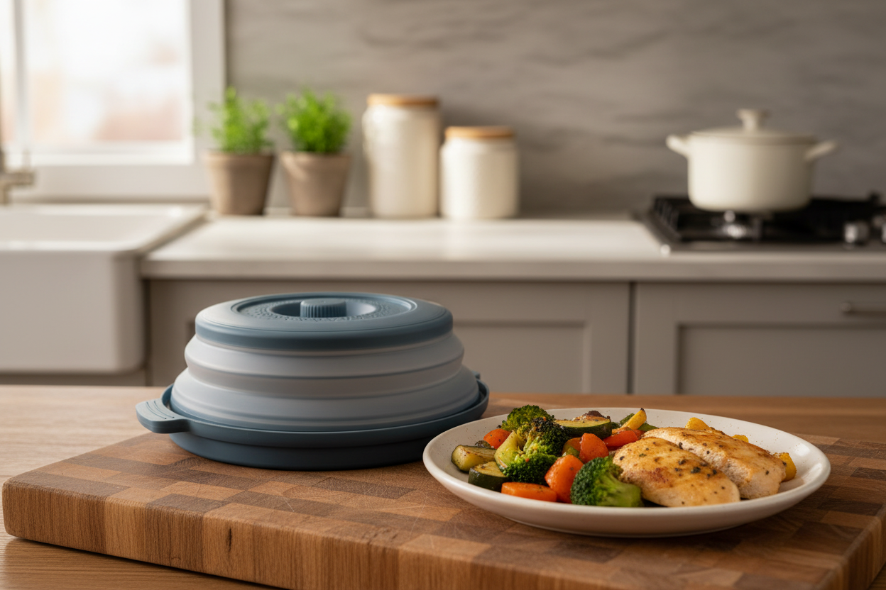 Grey collapsible microwave food cover lifestyle