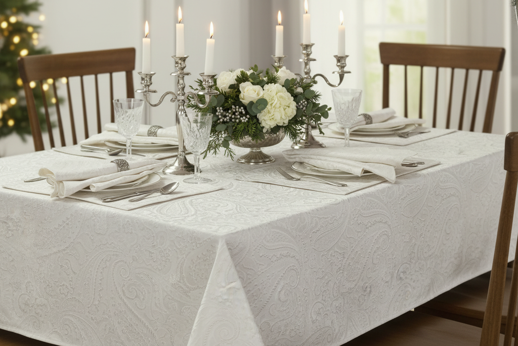 White damask tablecloth on holiday dining table with candles and flowers
