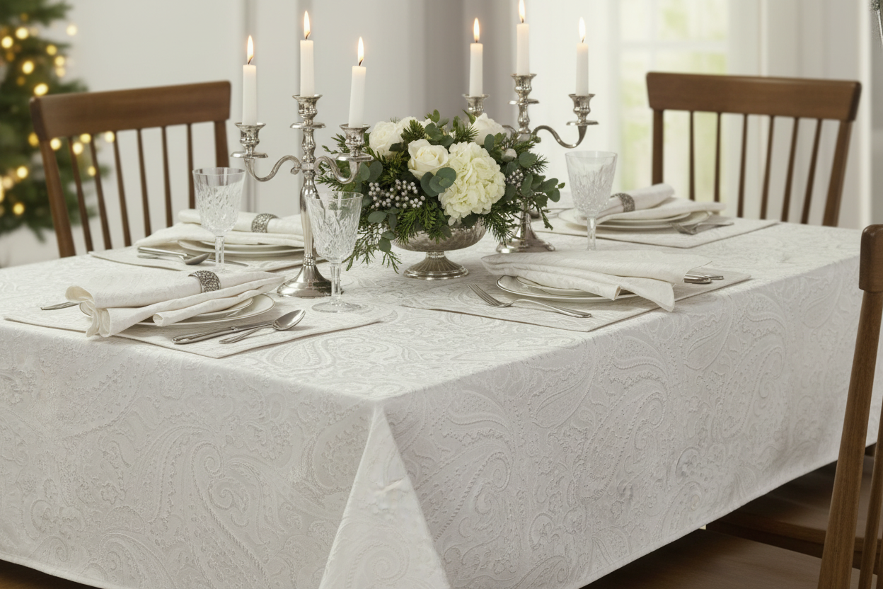 White damask tablecloth on holiday dining table with candles and flowers
