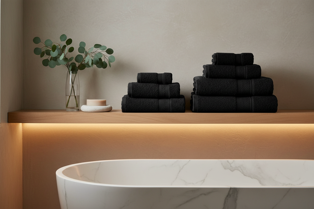 Black Turkish cotton bath towels stacked on a wood shelf in a spa-inspired bathroom