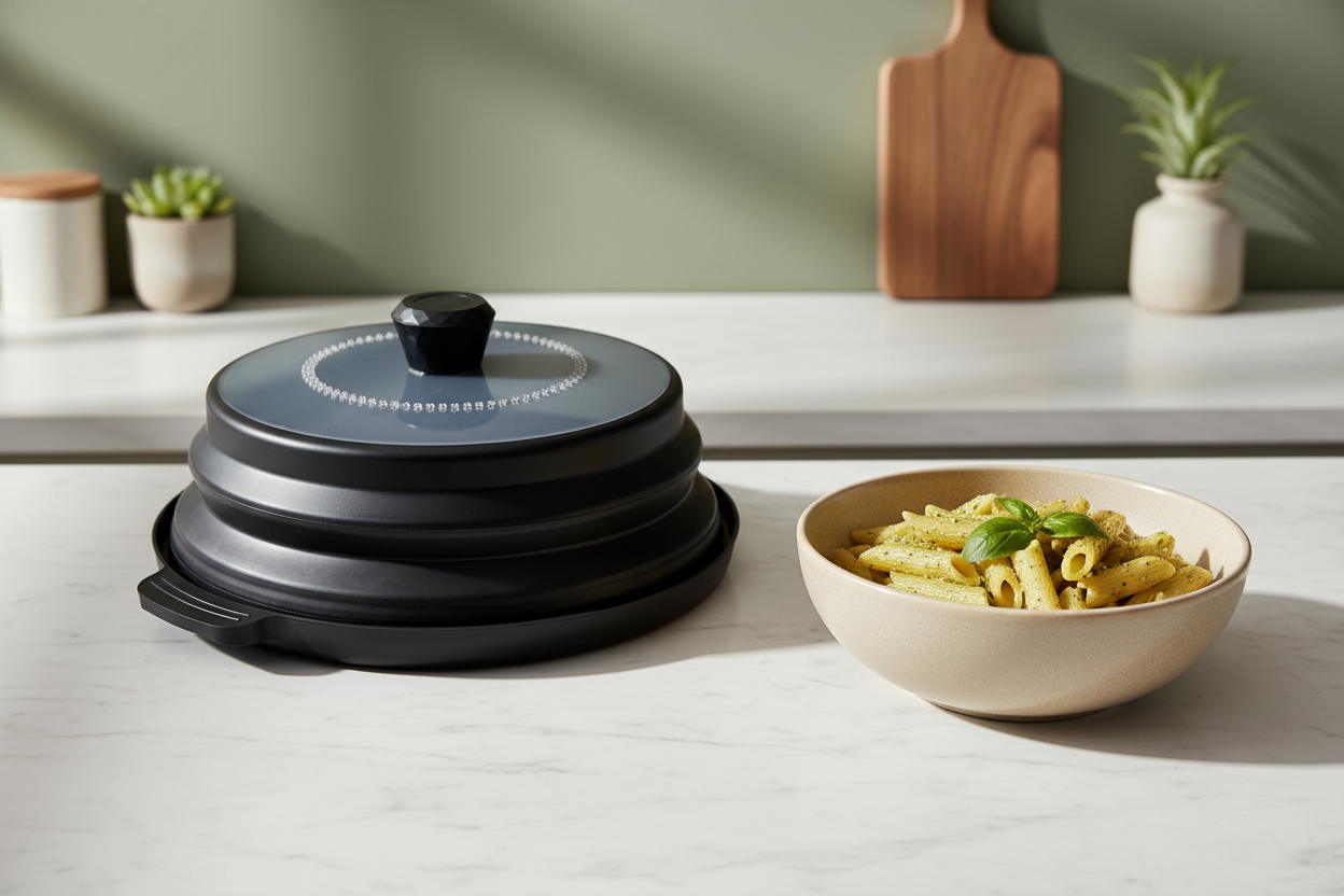 Black microwave food cover on marble countertop lifestyle