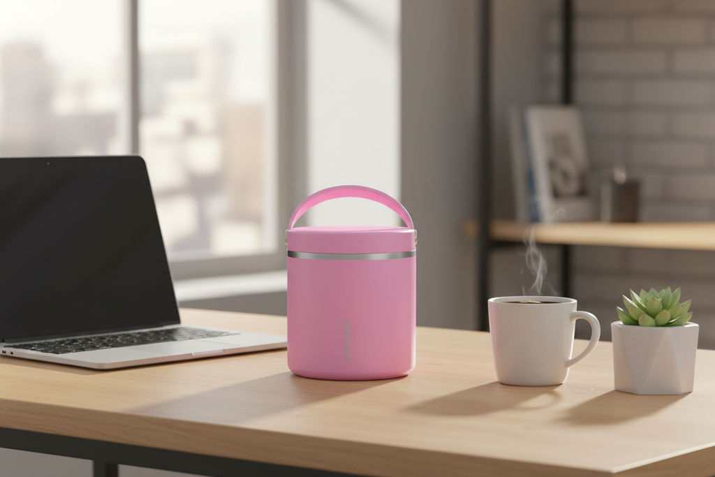 Pink vacuum insulated food jar on feminine office desk