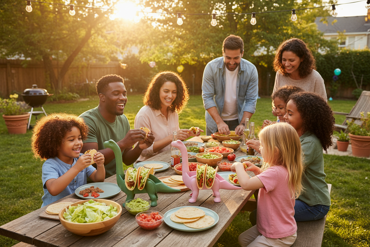 Outdoor lifestyle photo with green and pink Ultrasaurus Dinosaur Taco Holders at a backyard gathering with children and adults of mixed nationalities