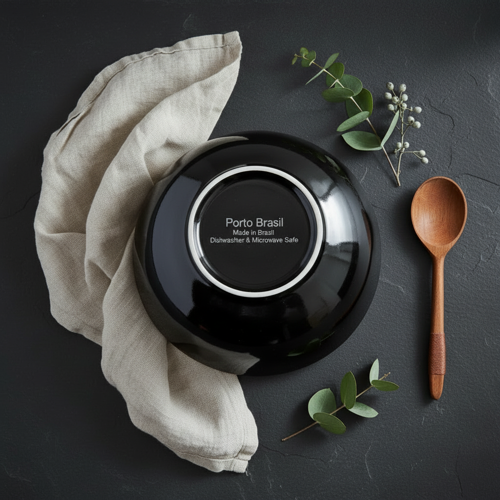 High-glaze black stoneware bowl bottom showing Porto Brasil - Made in Brazil - Dishwasher & Microwave Safe inscription