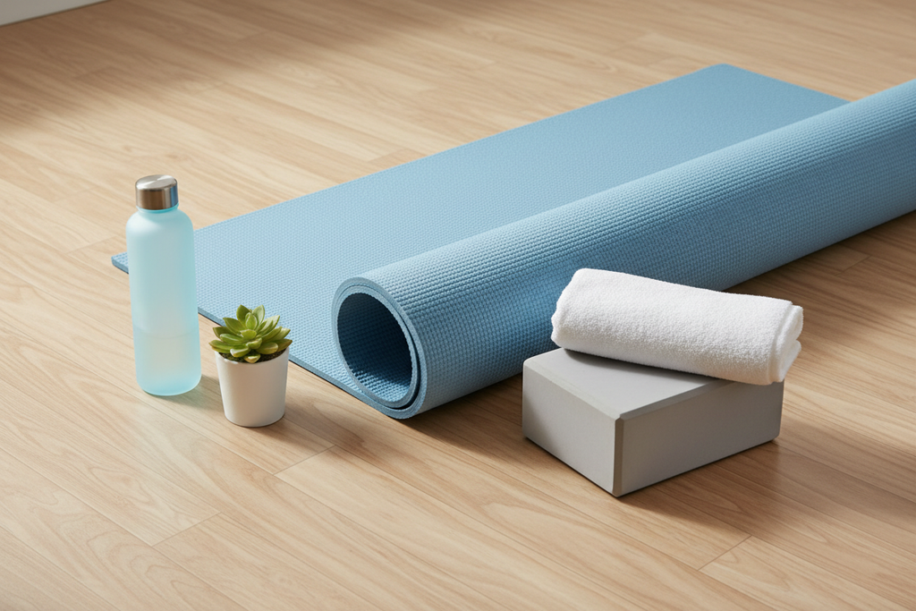 Light Blue Yoga Mat - Flat Lay with Accessories