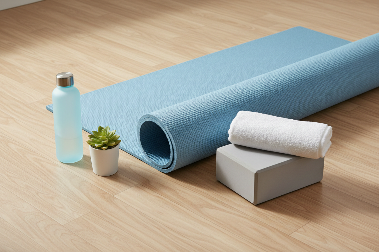Light Blue Yoga Mat - Flat Lay with Accessories
