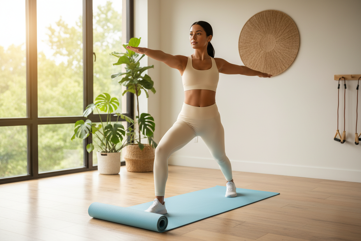 Light Blue Yoga Mat - Woman in Warrior Pose