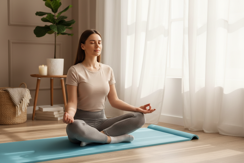 Light Blue Yoga Mat - Woman Meditating