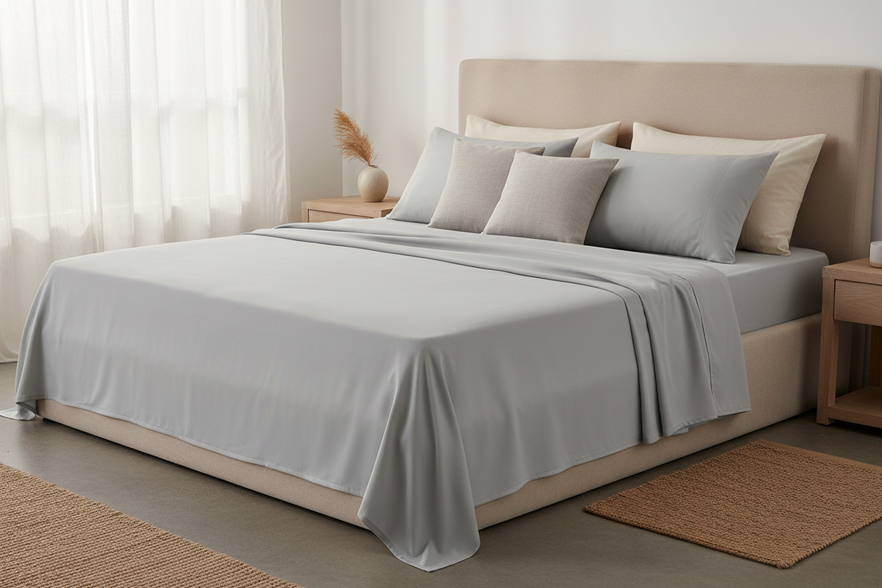Light Grey Bamboo Sheet Set on Made Bed