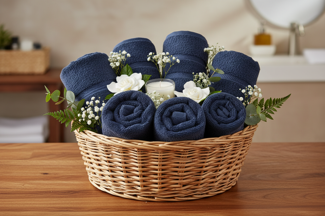 Navy blue towels rolled in a wicker basket with flowers