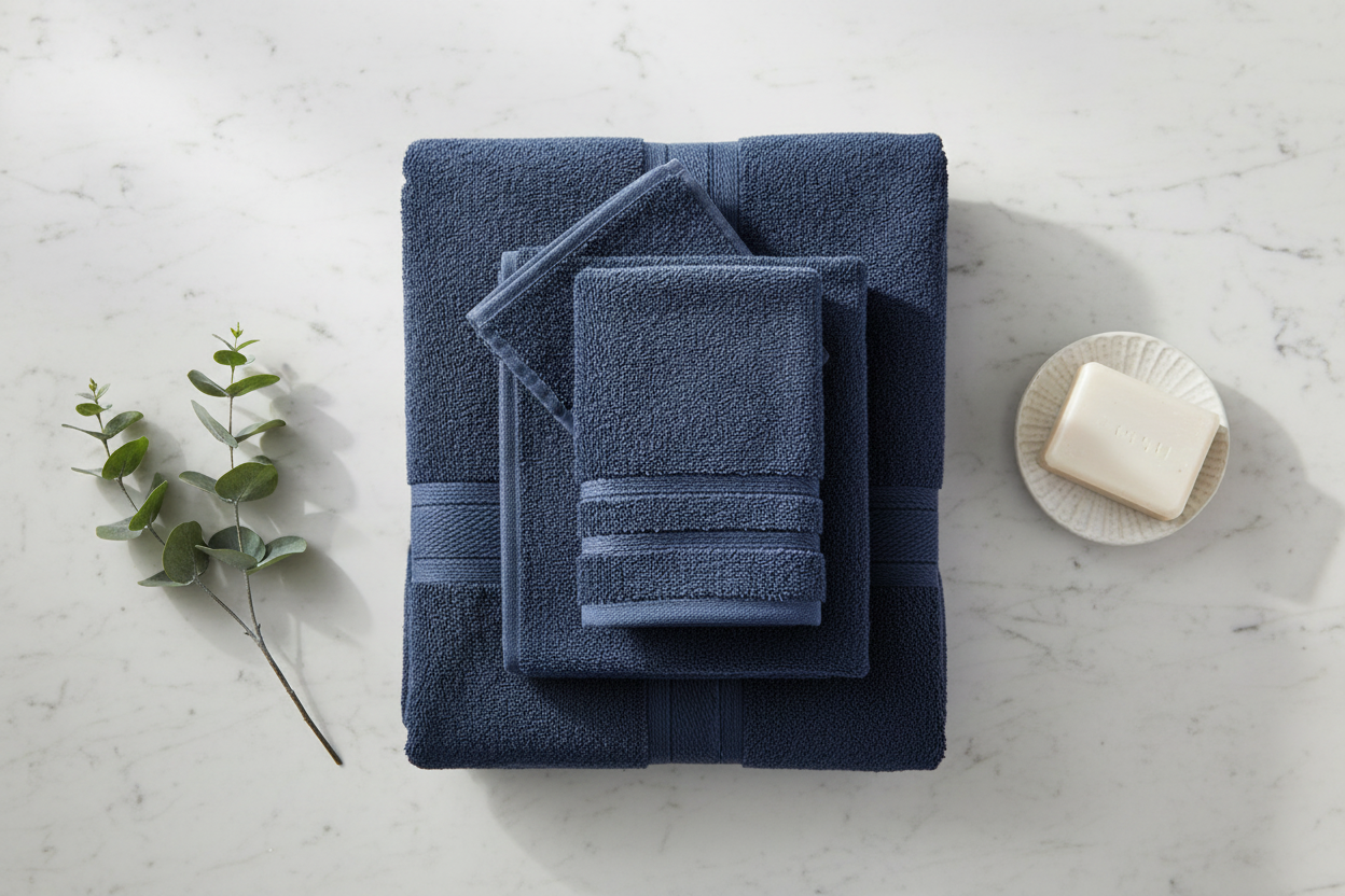 Navy blue Turkish cotton towels folded on marble countertop