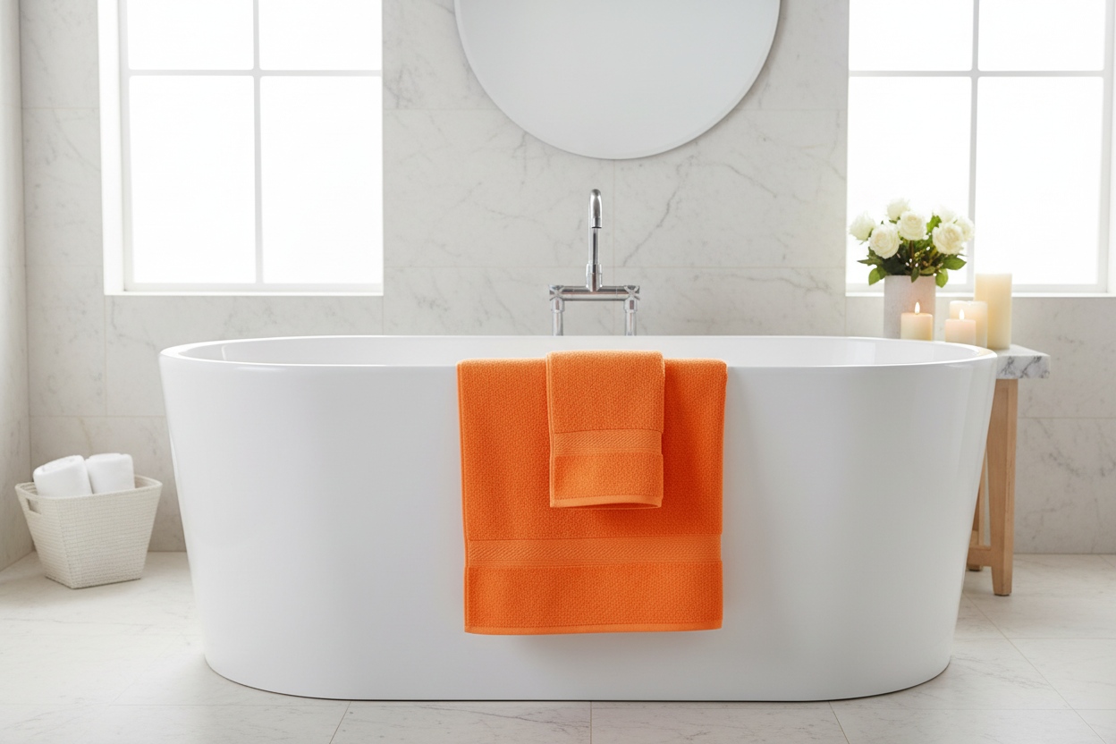 Orange Turkish Bath Towel Draped over Bathtub