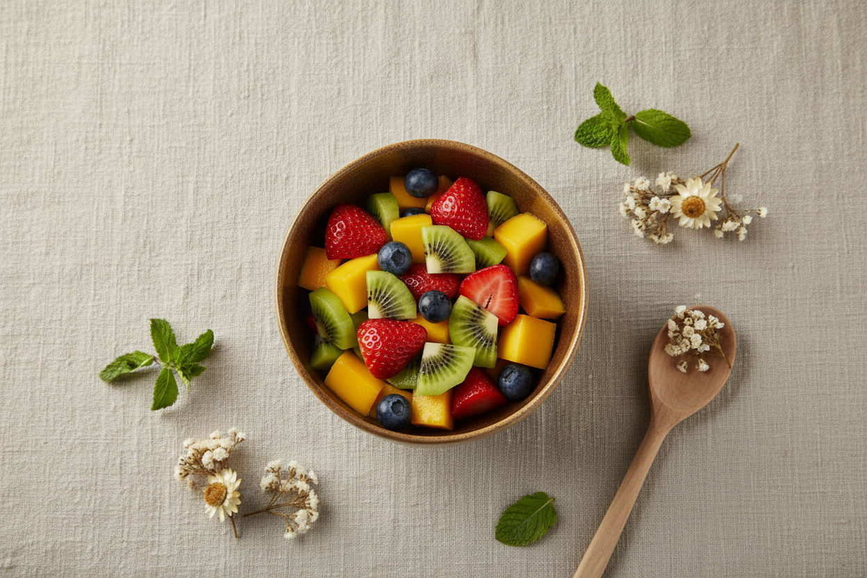 Organic Dijon Bowl - Fruit Salad Flat Lay