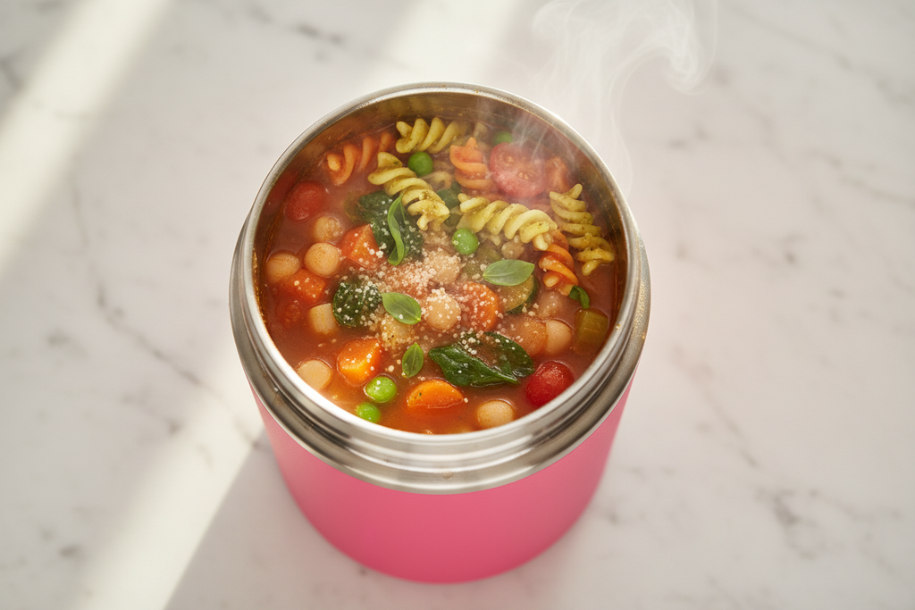 Pink Food Jar Open with Hot Meal Inside