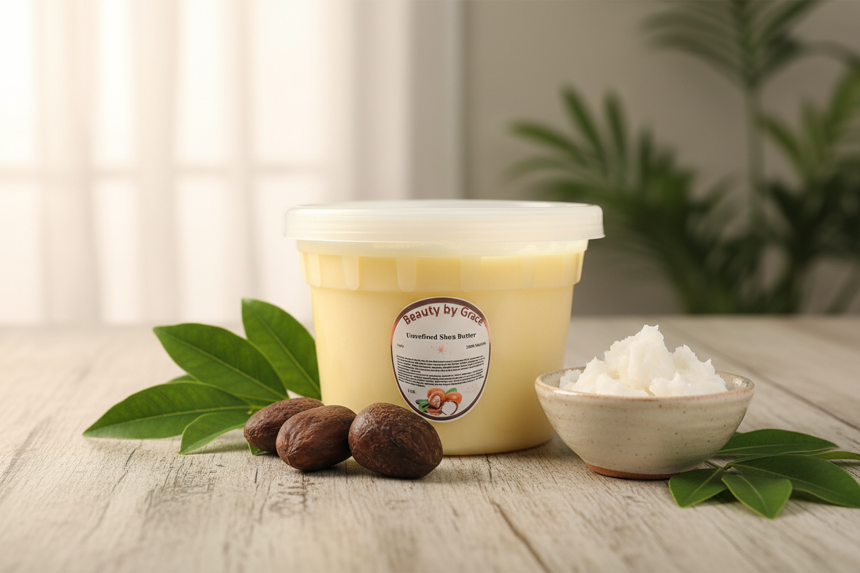 Refined Shea Butter with Shea Nuts and Green Leaves