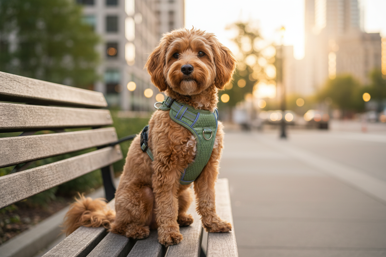 Small dog in grey harness sitting on a park bench