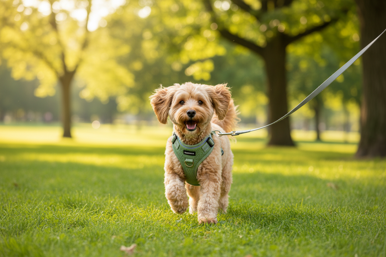 Small dog wearing grey no-choke harness on a sunny park walk