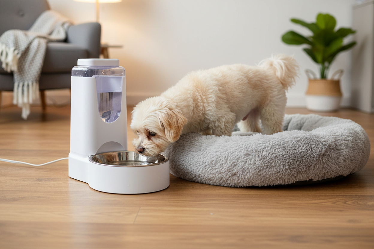 Small Fluffy Dog Drinking from Gravity Water Dispenser