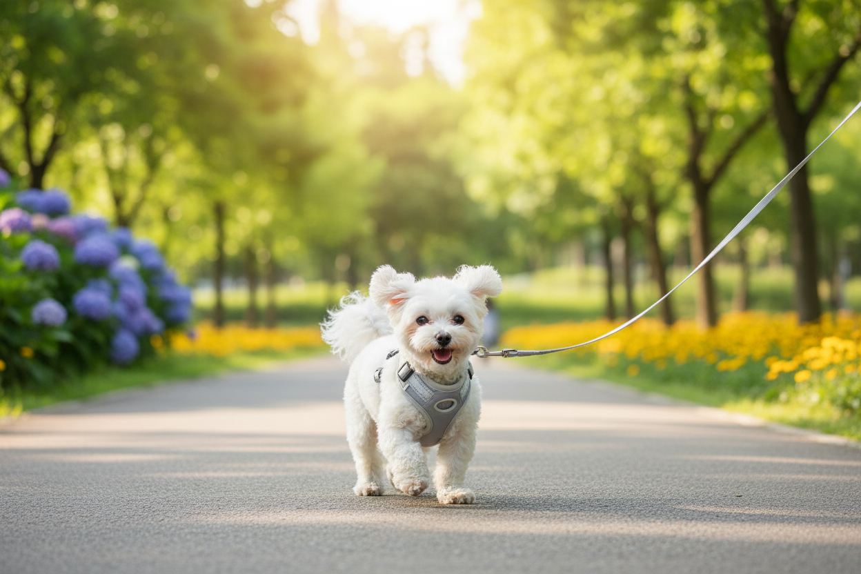 Small fluffy dog wearing white no-choke harness on a sunny park walk