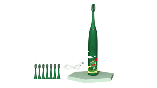 Electric Kids Toothbrush | Rotation / Vibrating Cartoon Character, Soft Bristles | USB Charging Powered Tooth Brush for Children. Oral Teeth, Gum Care. Color: Green