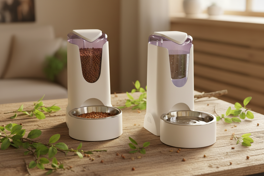 Two Dog Dispensers on Rustic Wooden Table with Green Leaves