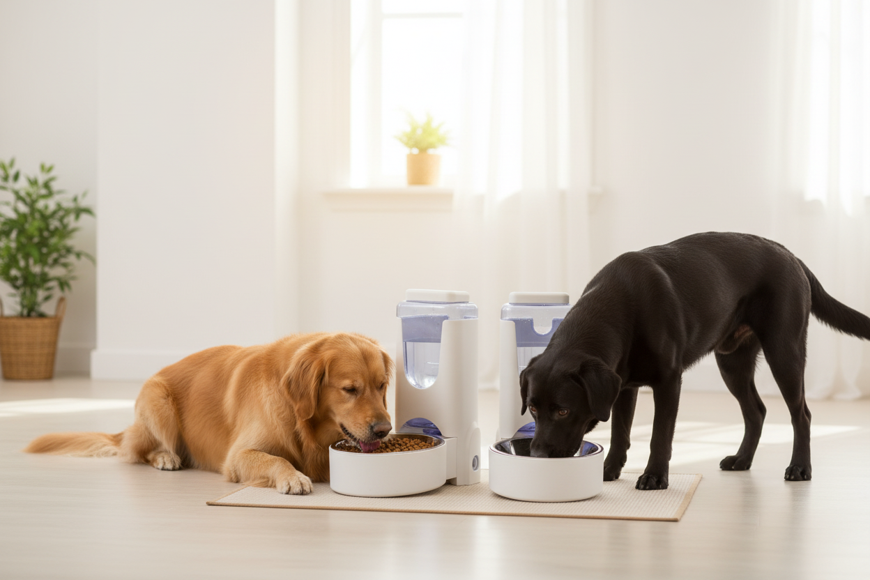 Two Dogs Using Their Own Gravity Food & Water Dispensers