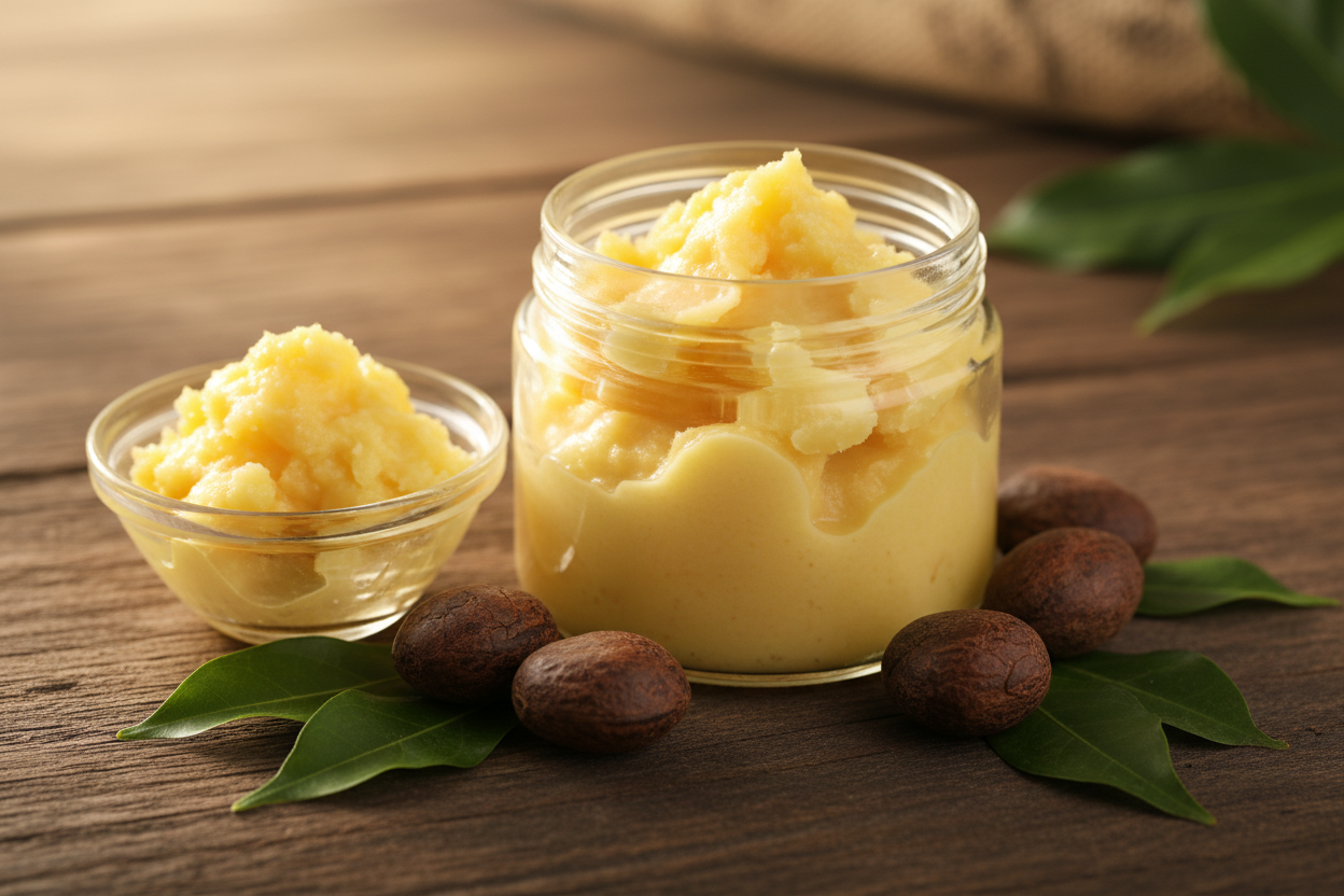 Unrefined Shea Butter with Raw Shea Nuts and Green Leaves