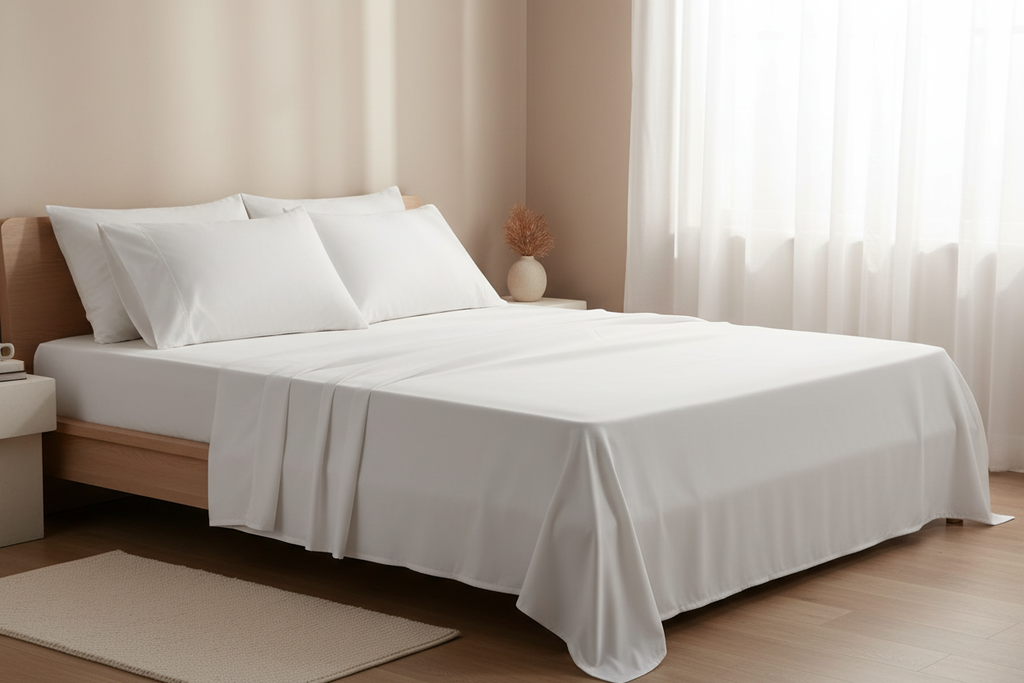 White Bamboo Sheet Set on Made Bed