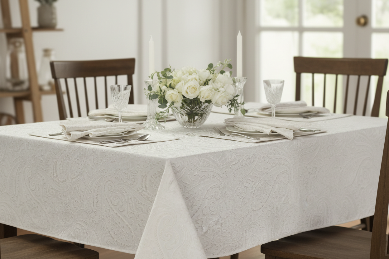 White Damask Tablecloth on Wooden Table with White and Green Flowers