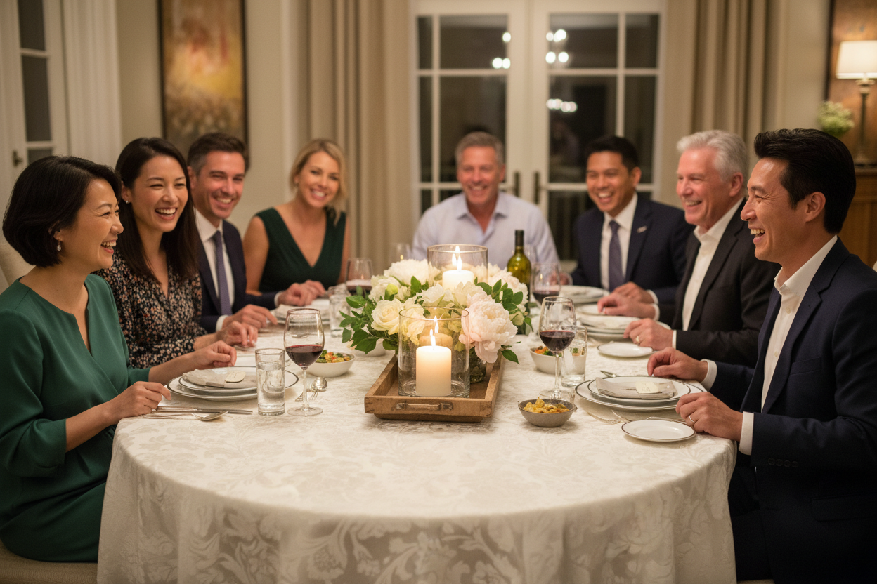 White Damask Tablecloth with Mixed Nationality Entertaining Scene