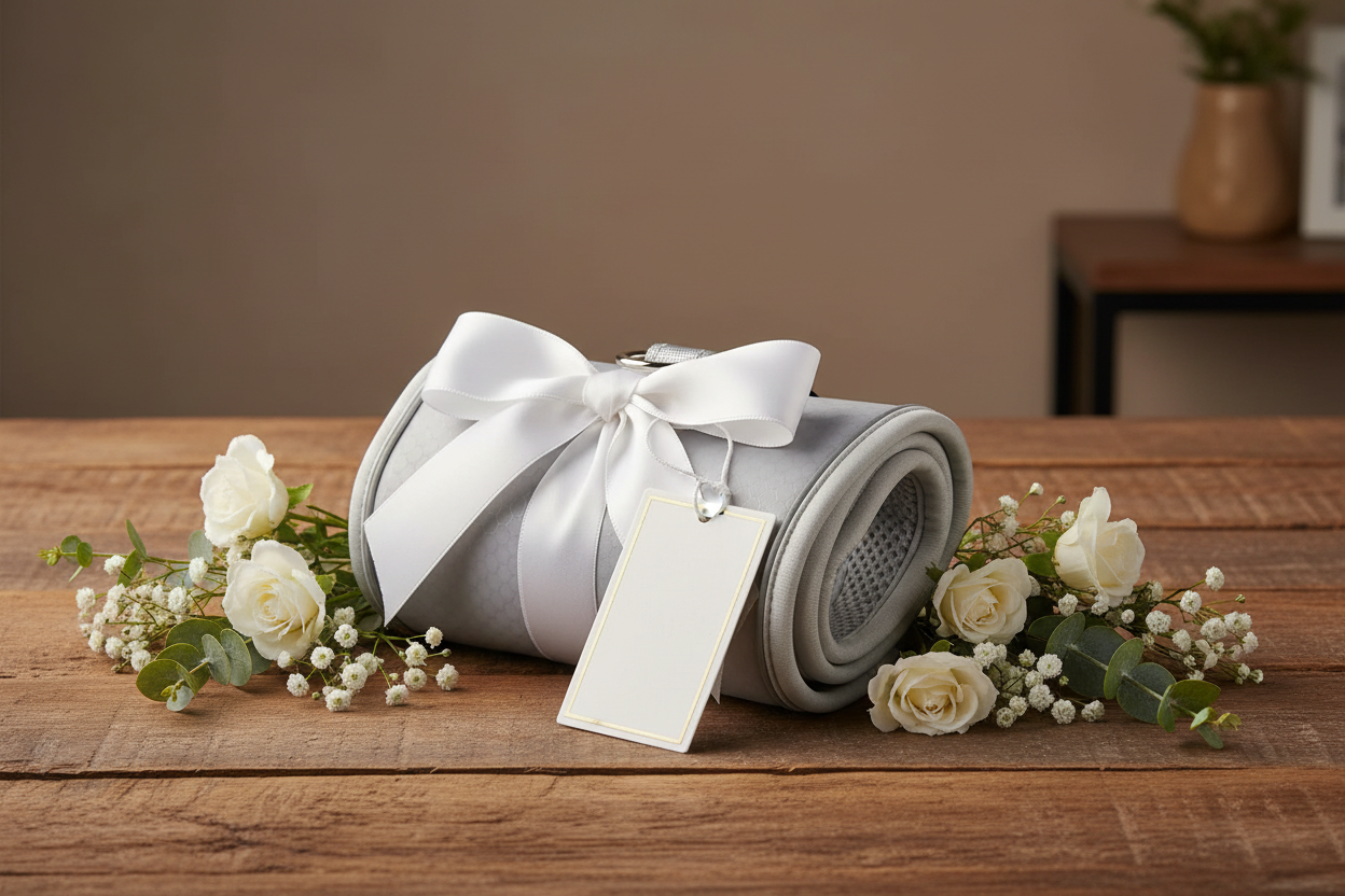 White dog harness as a gift on a wooden table with flowers