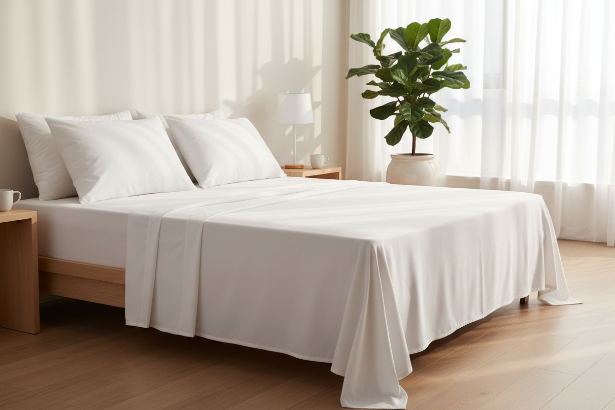 White Microfiber Sheet Set - Bedroom with Green Plant