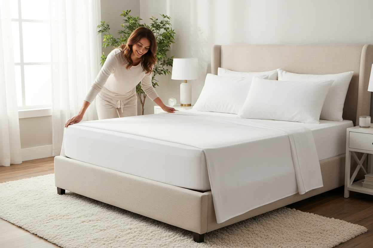 White Microfiber Sheet Set - Woman Making Bed
