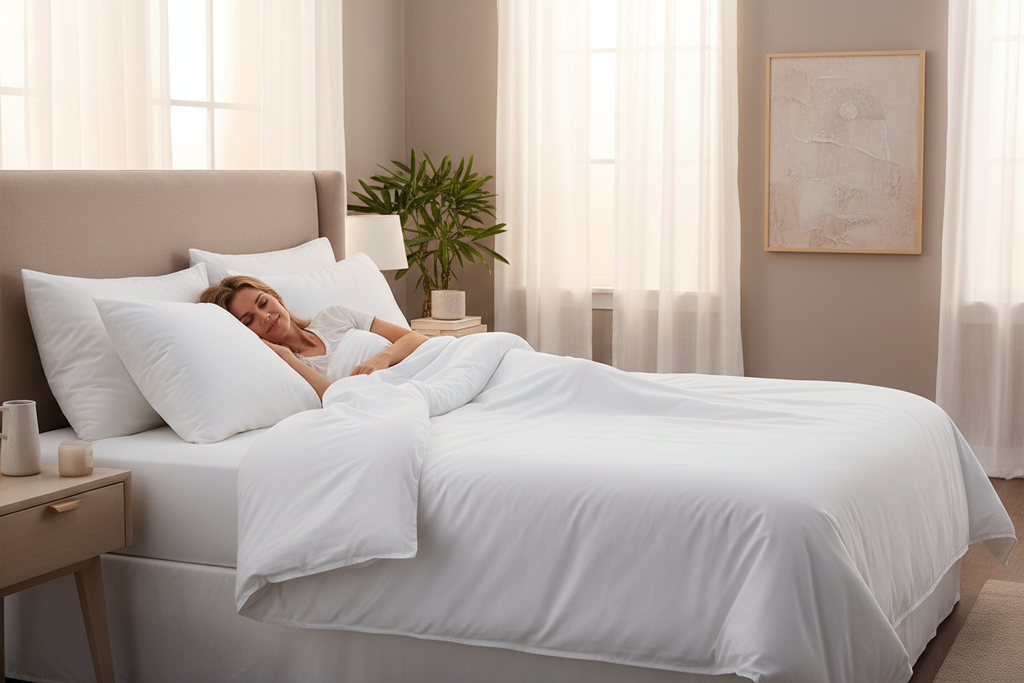 White Microfiber Sheet Set - Woman Sleeping