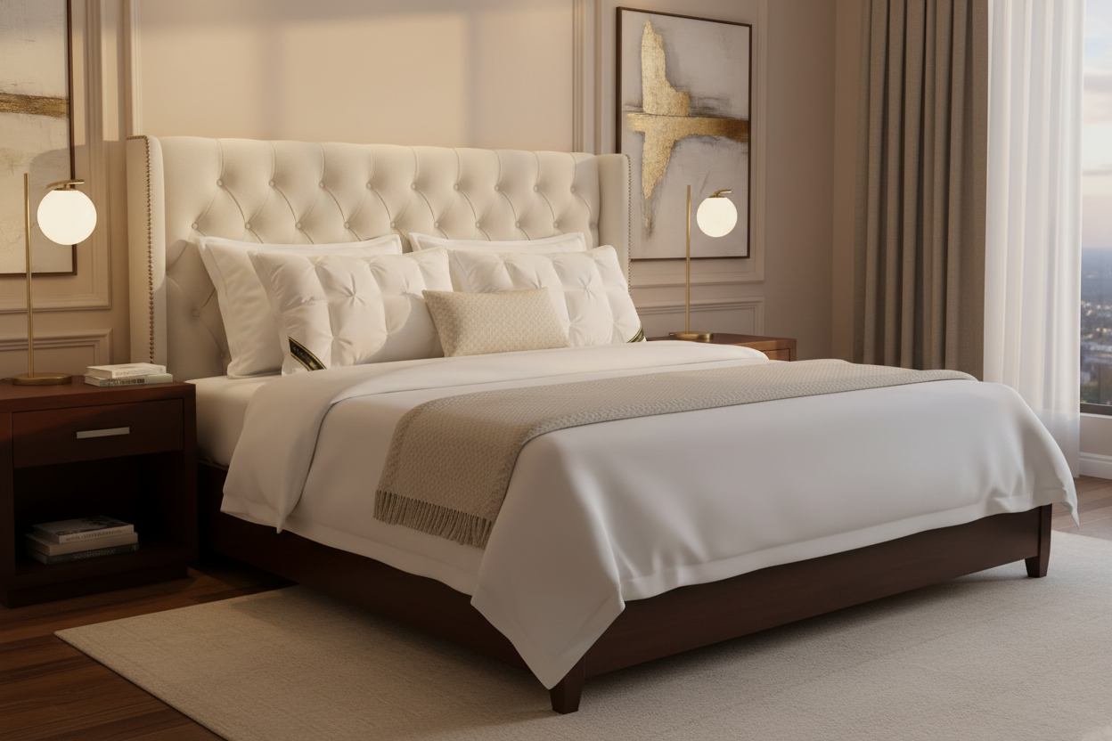 White pinch-pleat pillows against upholstered headboard