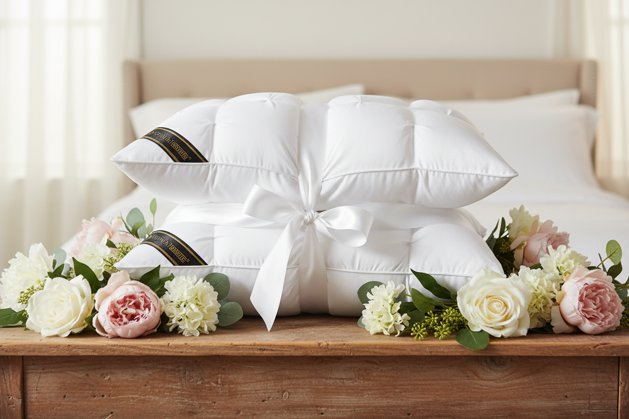 White pinch-pleat pillows as a gift on a wooden table with flowers