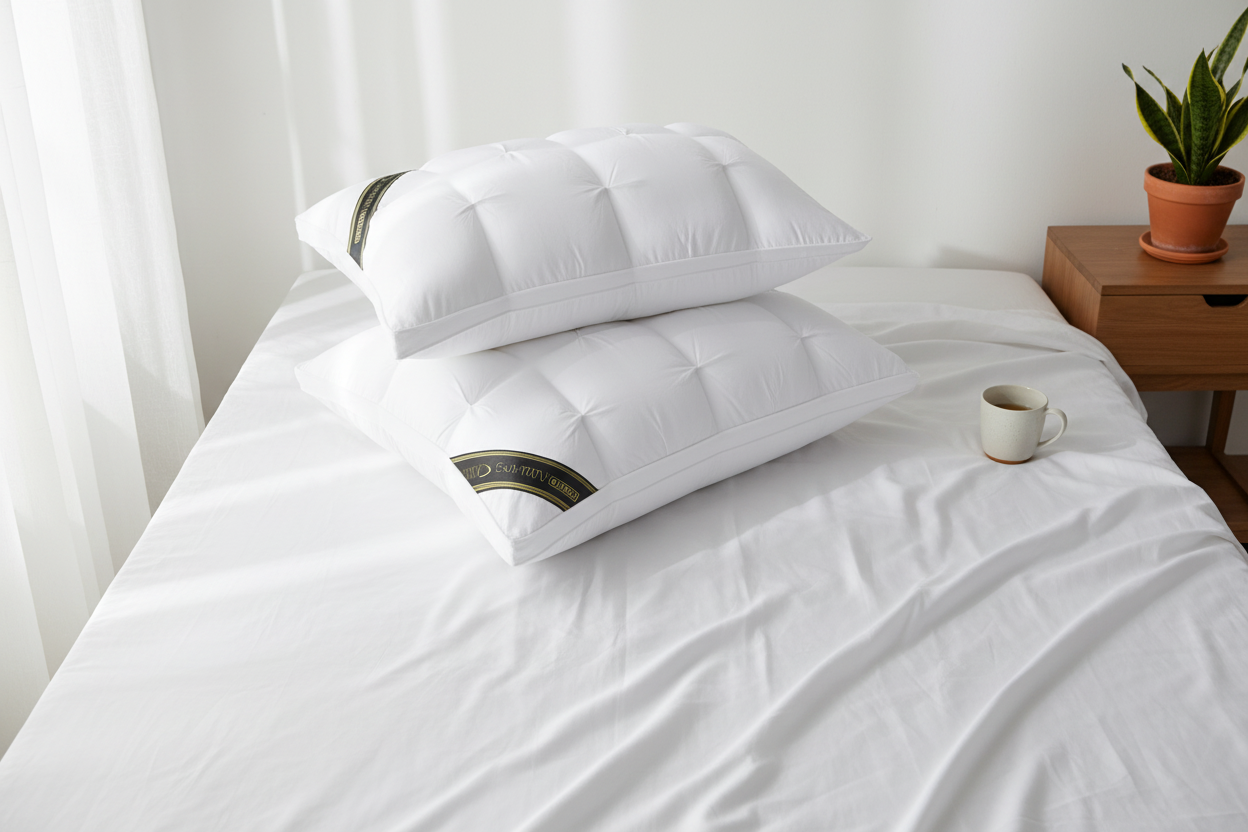 White pinch-pleat pillows flat lay on a neatly made bed