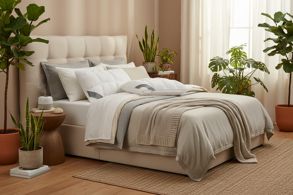 White pinch-pleat pillows on a bed with lush indoor plants