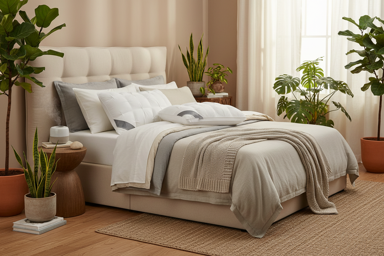 White pinch-pleat pillows on a bed with lush indoor plants