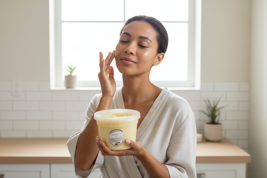 Woman Applying Unrefined Shea Butter to Skin