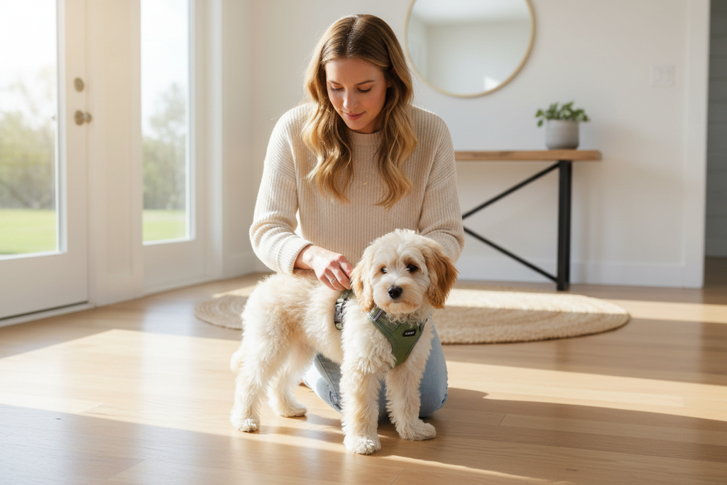 Woman clipping grey dog harness onto small dog at home entryway